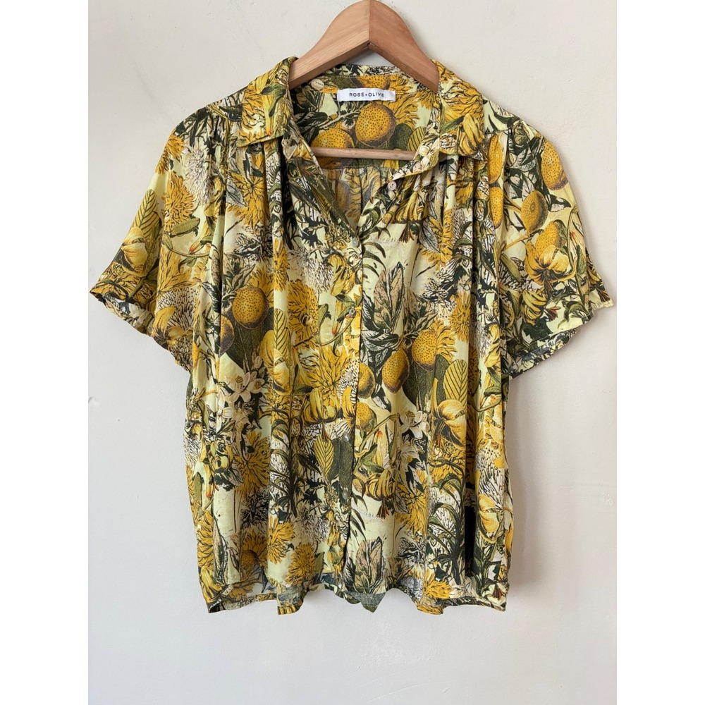 Rose + Olive Yellow Botanical Lemon Print Short Sleeve Rayon Button Down Shirt